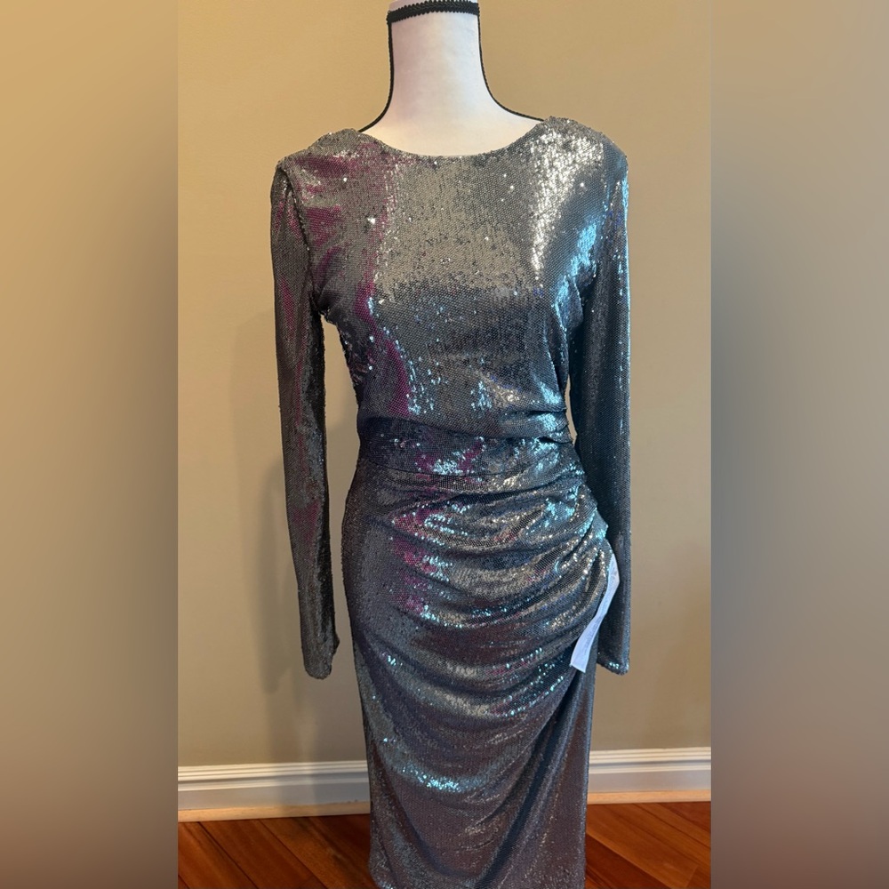 Metallic Gunmetal Sequin Long-Sleeve Ruched Dress